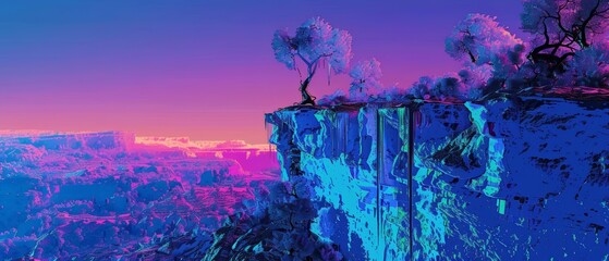 Modern futuristic neon abstract landscape of a cliffside, where gravitydefying trees and neon vines create a surreal panorama, in cyber color