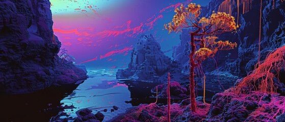 Modern futuristic neon abstract landscape of a cliffside, where gravitydefying trees and neon vines create a surreal panorama, in cyber color