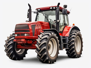 Obraz premium A red tractor with large tires is parked on a white background. The tractor is a large piece of farm equipment that is used for plowing and tilling the soil. Concept of hard work and productivity