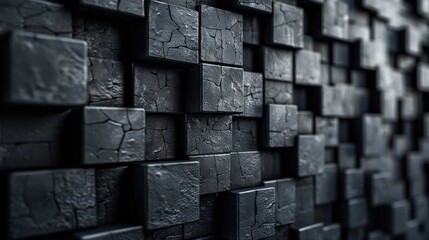 A black 3D textured wall with a cubical pattern creating depth and shadow play