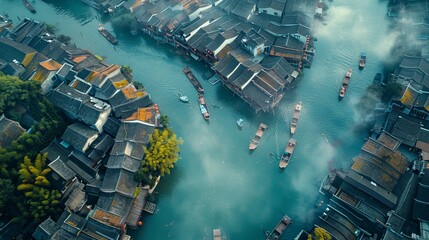 An overhead view in high definition reveals the charm of wooden houses along a riverbank in ancient China. The boats, mist, and winding streets combine to create a serene, dreamlike scene.