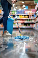 A woman is mopping the floor of a store. The floor is wet and the woman is using a mop to clean it