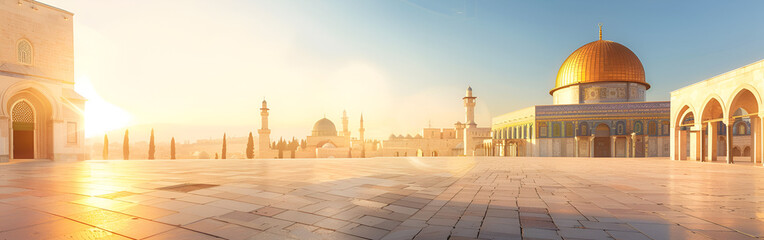 an image of Masjid e Aqsa Dome of the Rock holy places Islamic history sunlight on background
