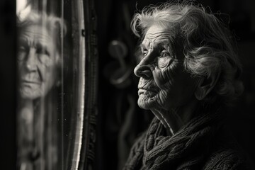 An elderly woman is looking at herself in a mirror