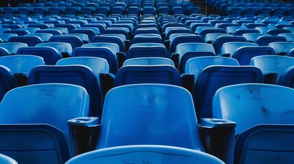 Naklejka premium Rows of blue stadium seats with seat numbers visible, close up