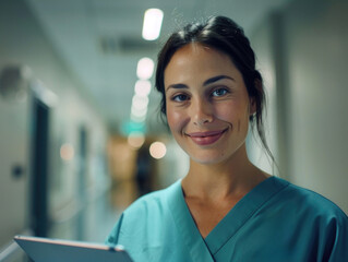 A woman in a blue scrubs is smiling and holding a tablet. She is a nurse or a doctor