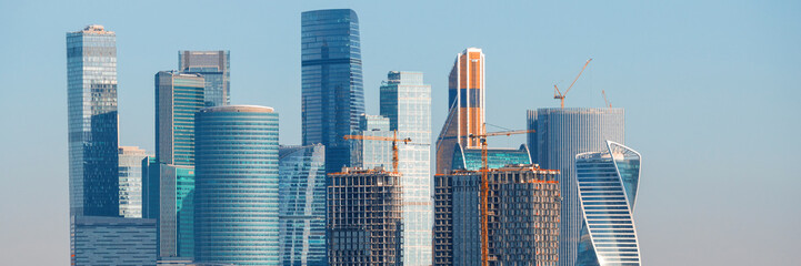 Modern skyscrapers close-up. Beautiful wide panoramic background. Moscow international business...