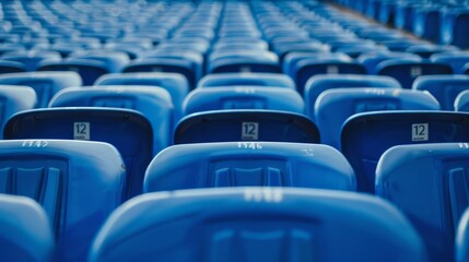 Obraz premium Rows of blue stadium seats with seat numbers visible, close up