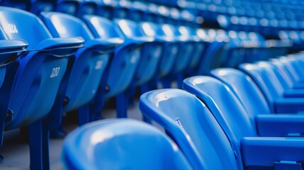 Rows of blue stadium seats with seat numbers visible, close up