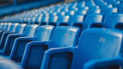 Naklejka premium Rows of blue stadium seats with seat numbers visible, close up
