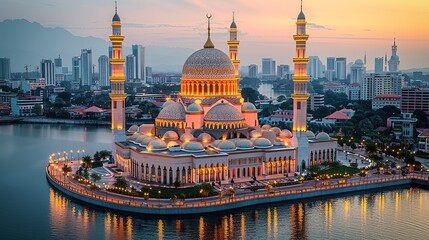 Obraz premium Ai Generative Watercolor Islamic background of a mosque at night 