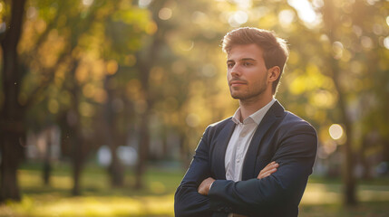 Obraz premium Confident businessman in autumn park. Young businessman stands confidently in an autumn park, arms crossed, and a thoughtful expression.