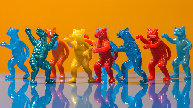 A Group of Miniature Animals Having a Dance Party on a Yellow Background.