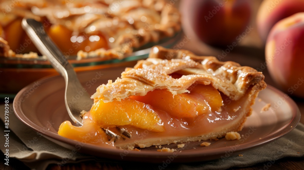 Wall mural As the fork cuts through the layers of pie, anticipation builds for that first heavenly taste of sweet peaches and flaky pastry.