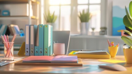 Show Gold Glow HUD icon of a desk organizer, sitting elegantly on a wooden table with colorful stationery, organized perfectly