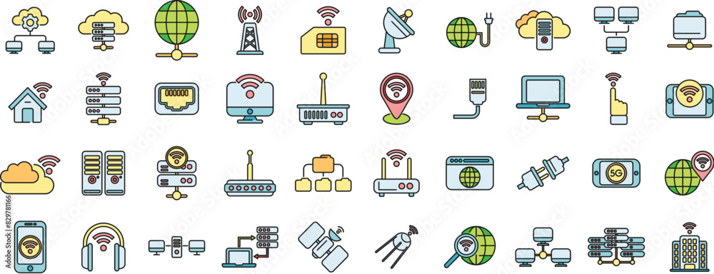 Poster internet provider icons set outline vector. host service. data server thin line color flat on white