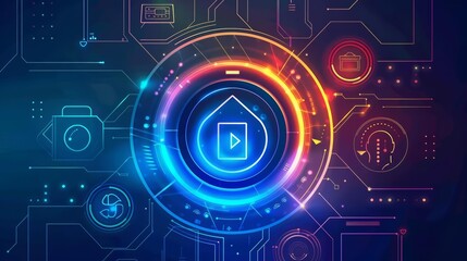 Solid HUD icon of a smart home appliance, emphasizing its connectivity and convenience, in a colorful glow HUD icon style, illustration template