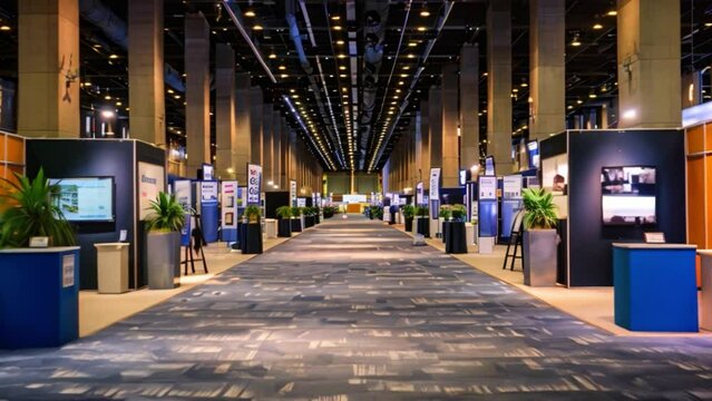 A spacious business conference exhibition hall during the evening, featuring multiple booths and displays along a carpeted walkway lined with potted plants and LED screens.