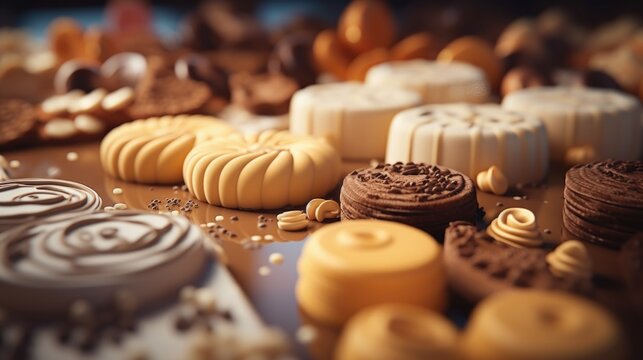 A close up of various types of cookies and pastries on a table. Scene is warm and inviting, as the assortment of treats looks delicious and tempting