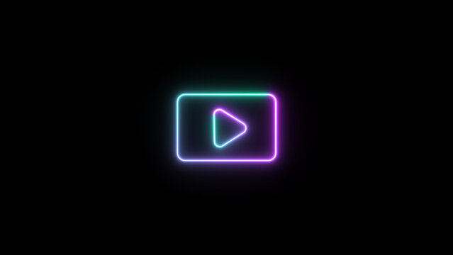 Neon shine play button sign with neon circle. neon media player button. Neon glowing play button icon on the black background.