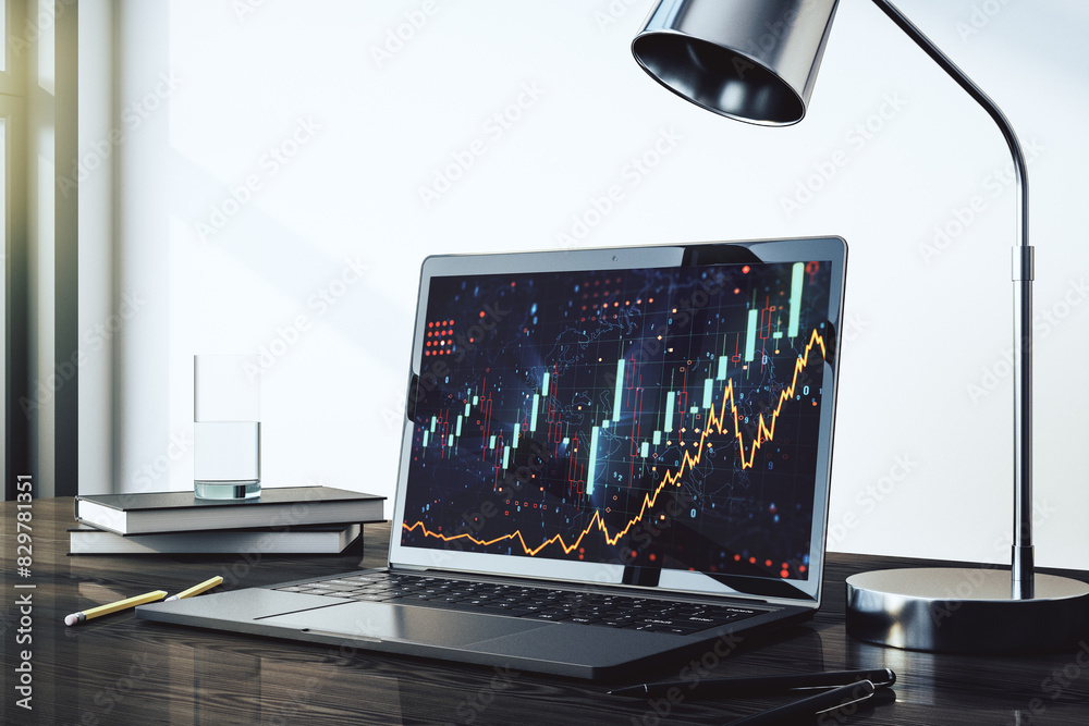 Aufkleber modern computer monitor with abstract creative financial chart, research and strategy concept. 3d re