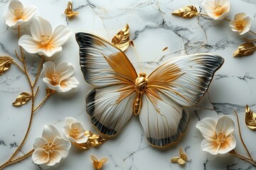 three panel wall art, marble background with feather and flower designs and butterfly silhouette,