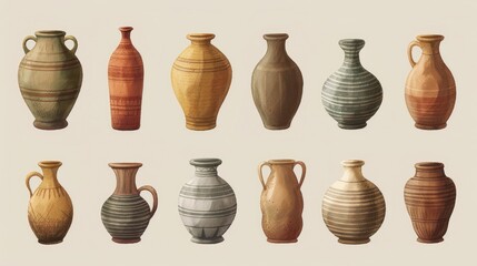 A collection of vases in various shapes and sizes, some of which are brown and some are white