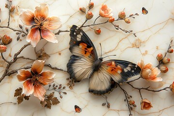 three panel wall art, marble background with feather and flower designs and butterfly silhouette,