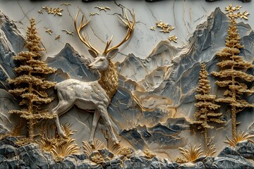 three panel wall art, marble background with stag deer animal with gold tree wall , 3D vector illustration designs