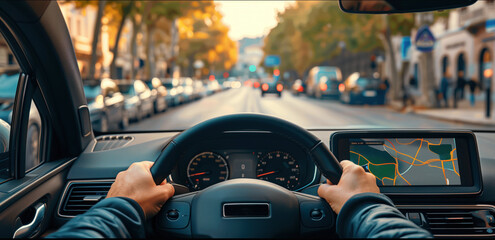 Driver's perspective with GPS navigation on city street.