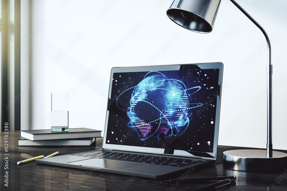 Fototapete computer monitor with abstract graphic digital world map with connections, globalization concept. 3d