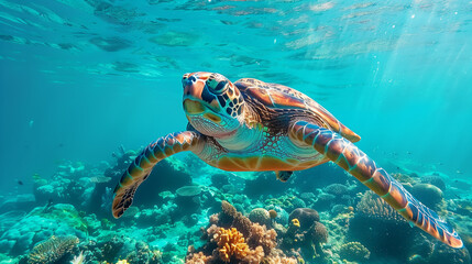 Obraz premium Sea turtle swimming with coral reef visible in the background