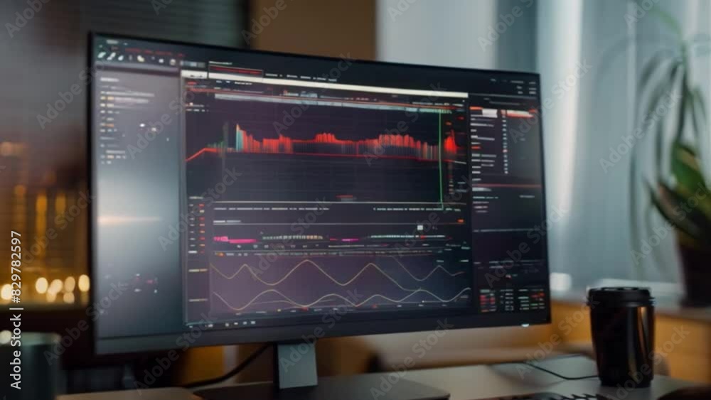 Poster computer monitor displays complex financial graphs and data analytics in a modern office setting dur