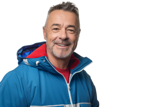 Middle-Aged Man in Blue Jacket Smiling on White Background - Powered by Adobe