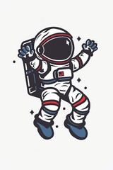 A cartoon astronaut is jumping in the air