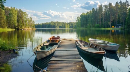 Obraz premium At a picturesque camping site in Finland, motor boats, cutters, and small fishing rowing boats are tied to a pier. 
