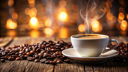 Fototapeta premium A steaming mug of dark roast coffee with a rich aroma sits on a table