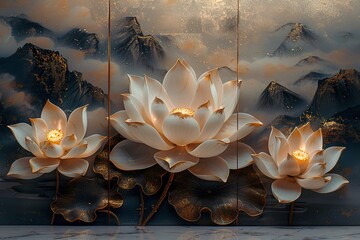 three panel wall art, marble background with Su embroidery, sparkling lotus, neon light, smooth and...