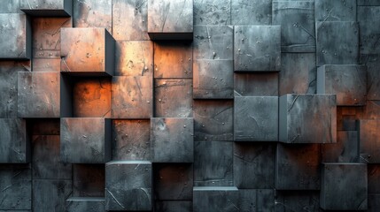 An abstract orange light illuminates cubic metal wall art, highlighting shapes and shadows of the 3D structure