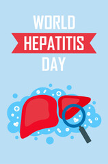 hepatitis day banner with liver picture and magnifying glass