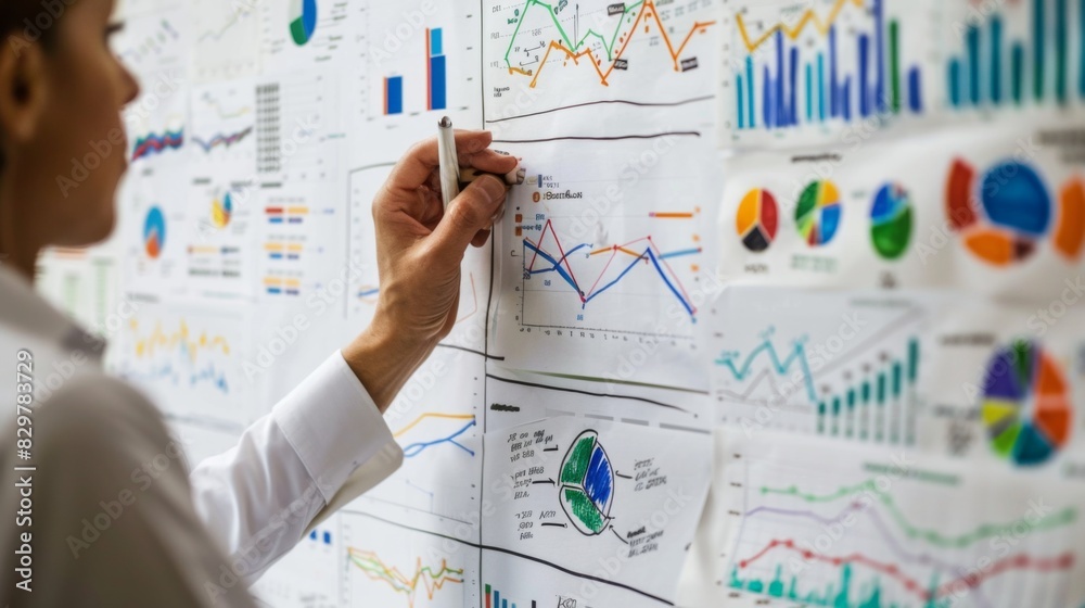 Aufkleber A whiteboard filled with various business graphs and charts, with a person pointing to a specific section.