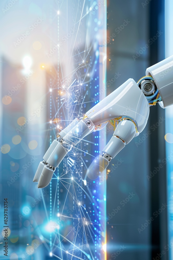 Poster robot and human hands touching on a network connection background with big data visualization
