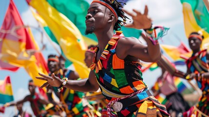 A close-up shot of a group of African dancers in vibrant costumes, their bodies moving in perfect rhythm against a backdrop of colorful flags.