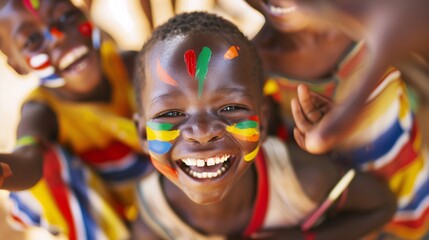 A group of African children playing joyfully, their faces painted with colorful stripes and shapes, symbolizing a future filled with hope and freedom.