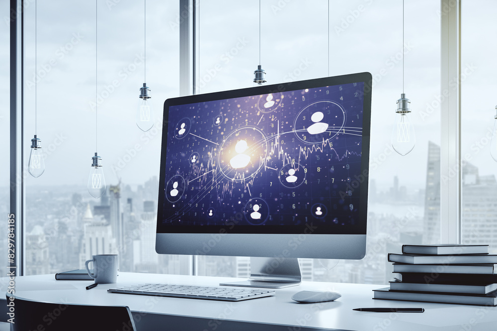 Poster social network concept on modern laptop screen. 3d rendering
