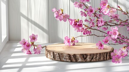 Fototapeta premium a wood podium accented with soft pink cherry blossoms, against a pristine white backdrop, offering a mock-up template for cosmetic products and providing generous copy space for branding and text.