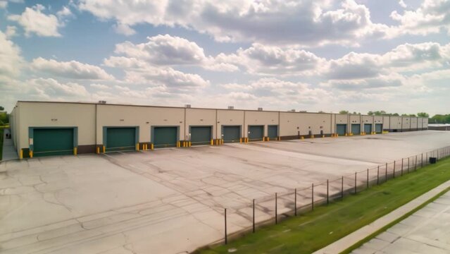 A large industrial warehouse features multiple loading docks and a spacious concrete parking area, situated under a partly cloudy sky on a summer day.