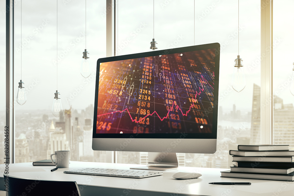 Poster Modern computer monitor with abstract statistics data hologram interface, computing and analytics concept. 3D Rendering