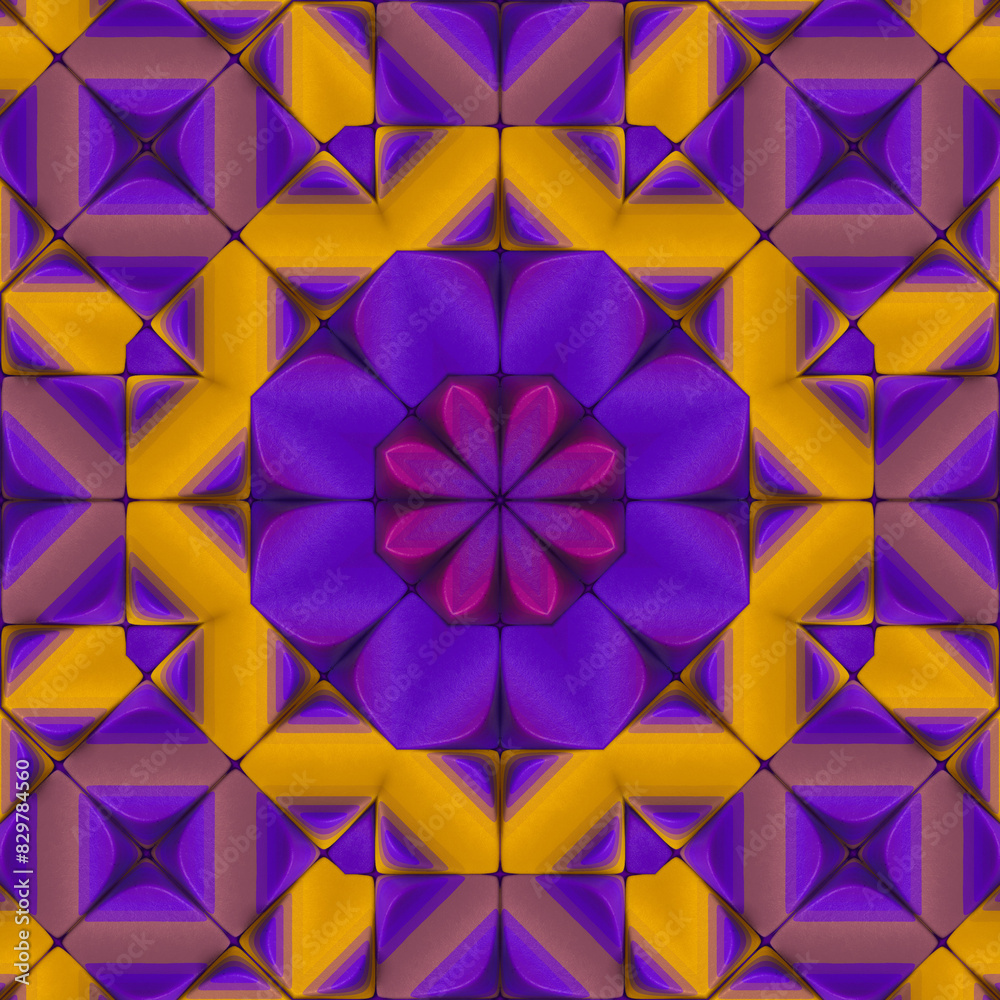 Poster digital illustration of a symmetrical kaleidoscopic pattern resembling a bright purple flower. 3d re