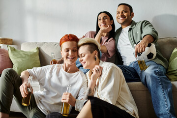 Diverse group of people joyfully sitting atop couch, enjoying togetherness.